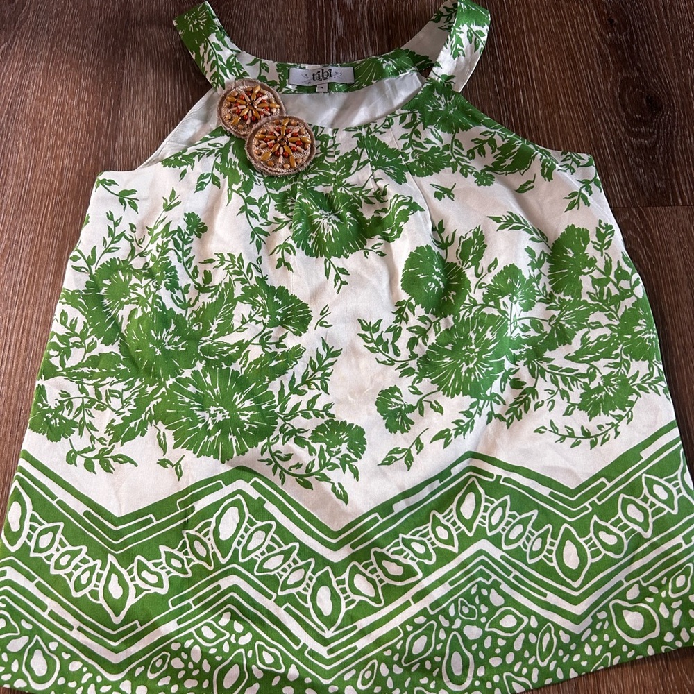 Tibi Green and Cream Floral Top with Beaded Accents